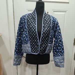 Women's Blue Patterned Cropped Quilted Jacket